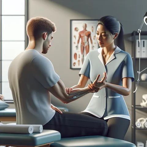 Realistic stock image of physiotherapist treating patient.